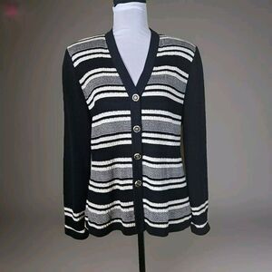 Vintage St John Knit Cardigan Sweater Button Up Black / Beige Striped SZ 10
